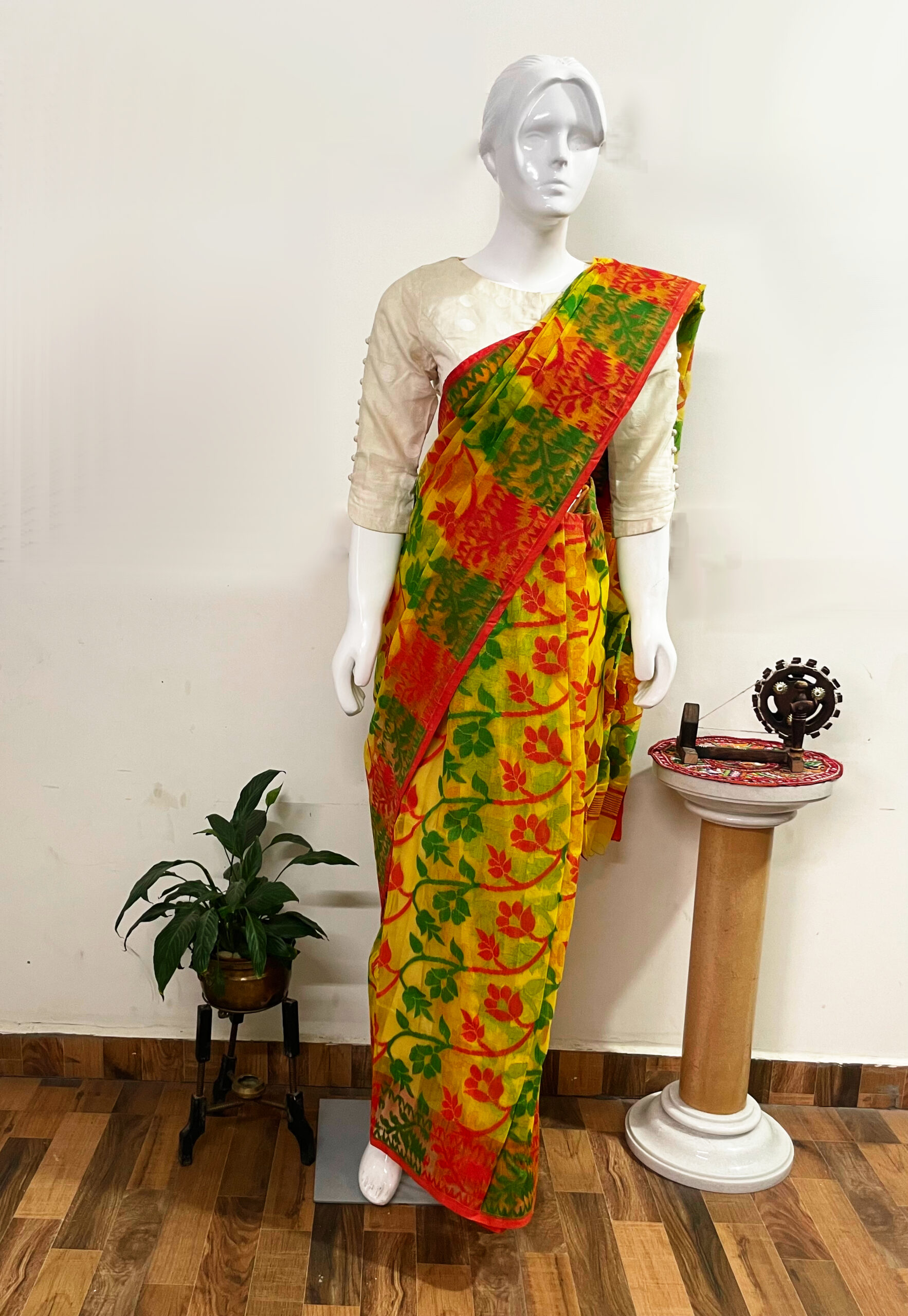 Yellow-Red coloured Cotton Saree with Jamdani design