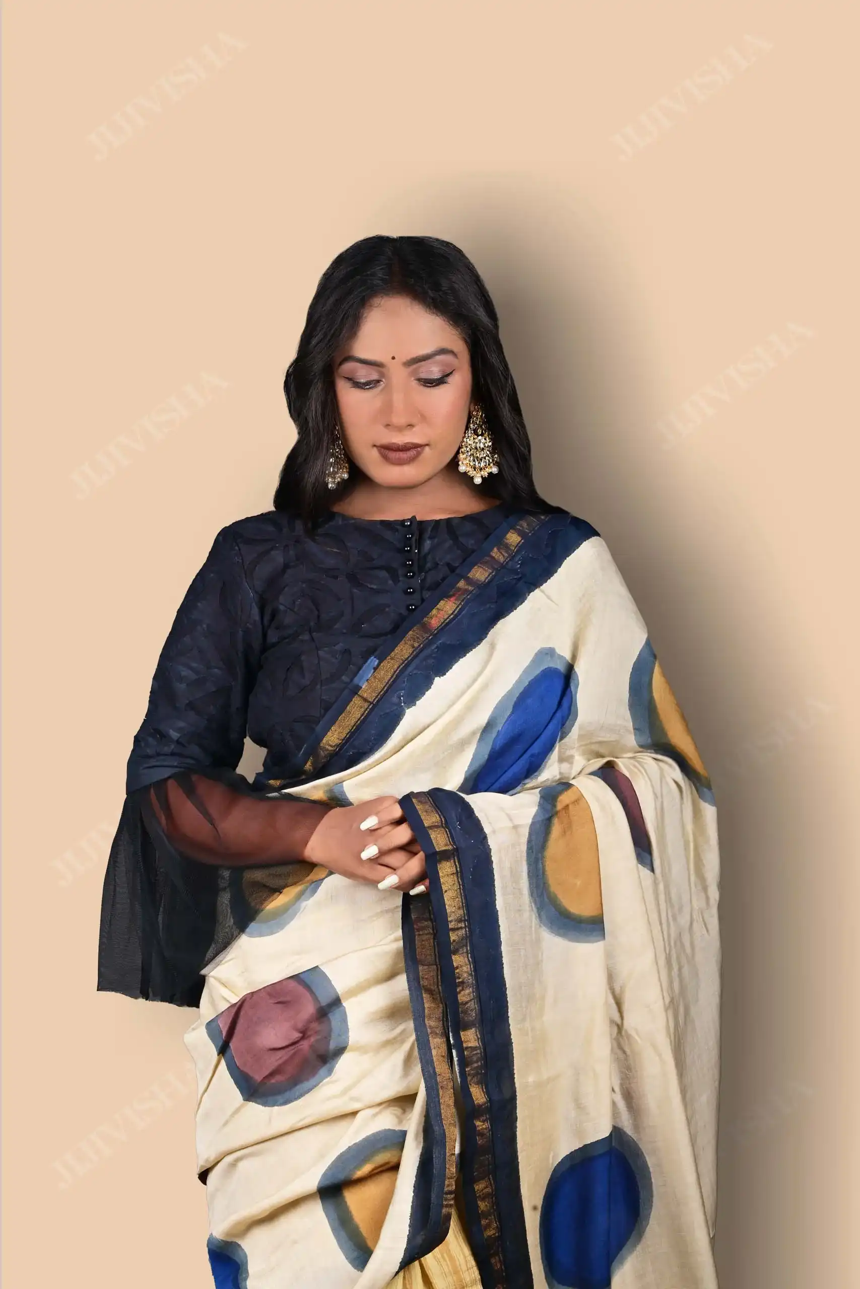 Buy Beige & Black Chanderi Cotton Saree Online
