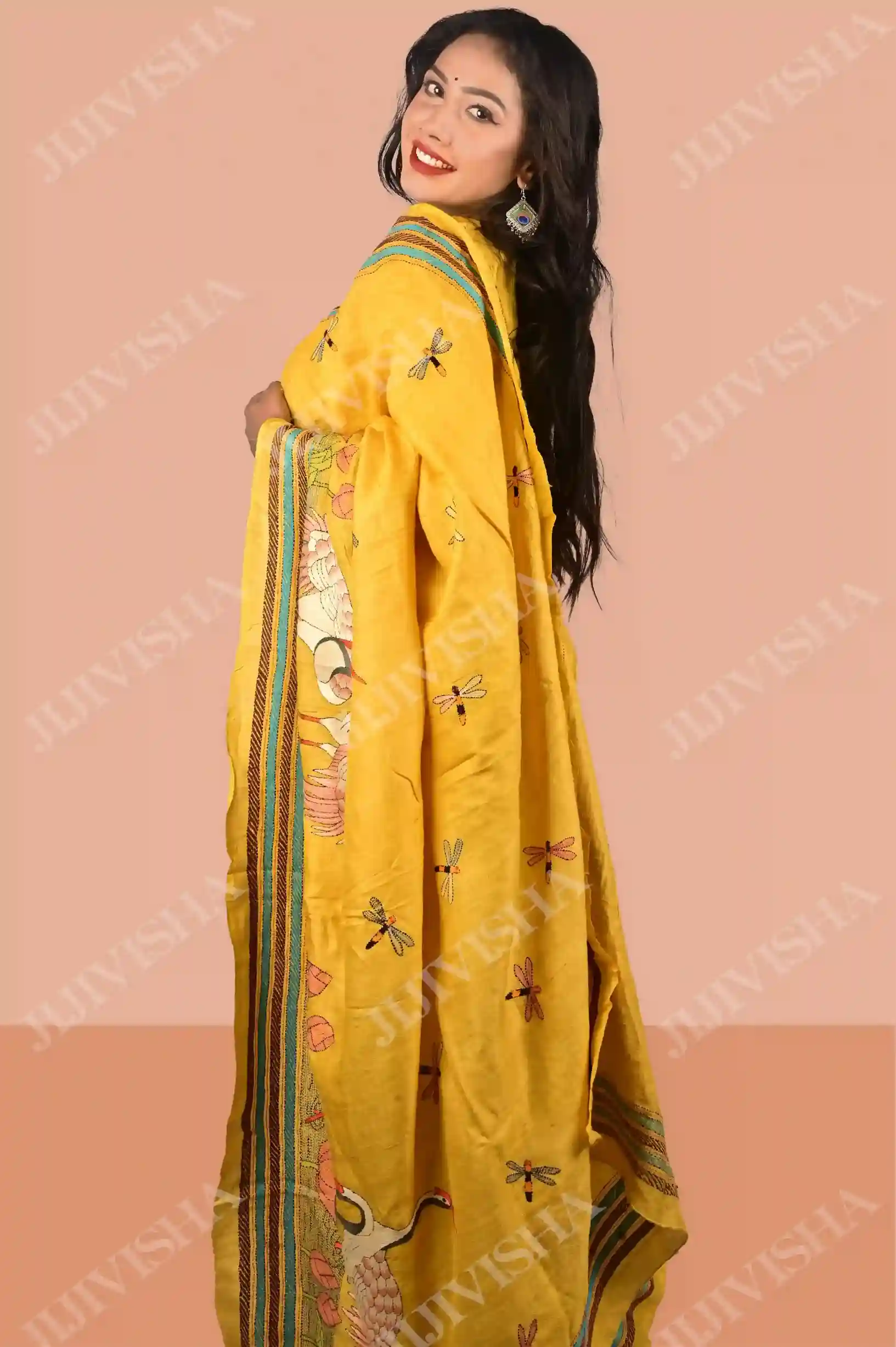 Buy Mustard Kantha Stitch Saree with Tussar Silk Online