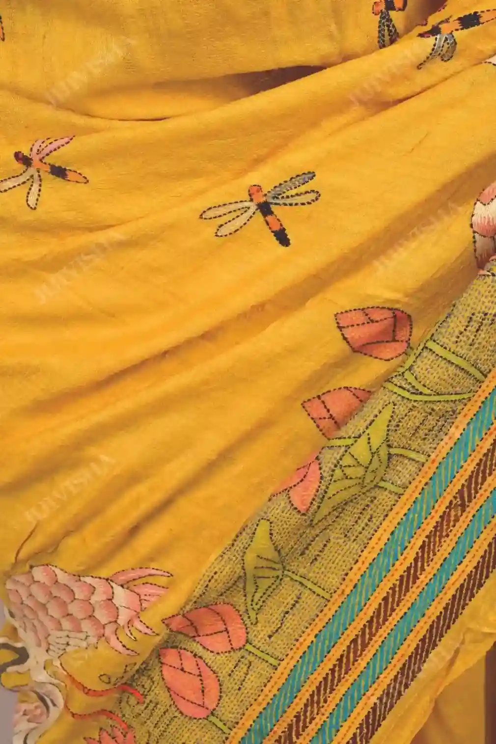 Buy Mustard Kantha Stitch Saree with Tussar Silk Online