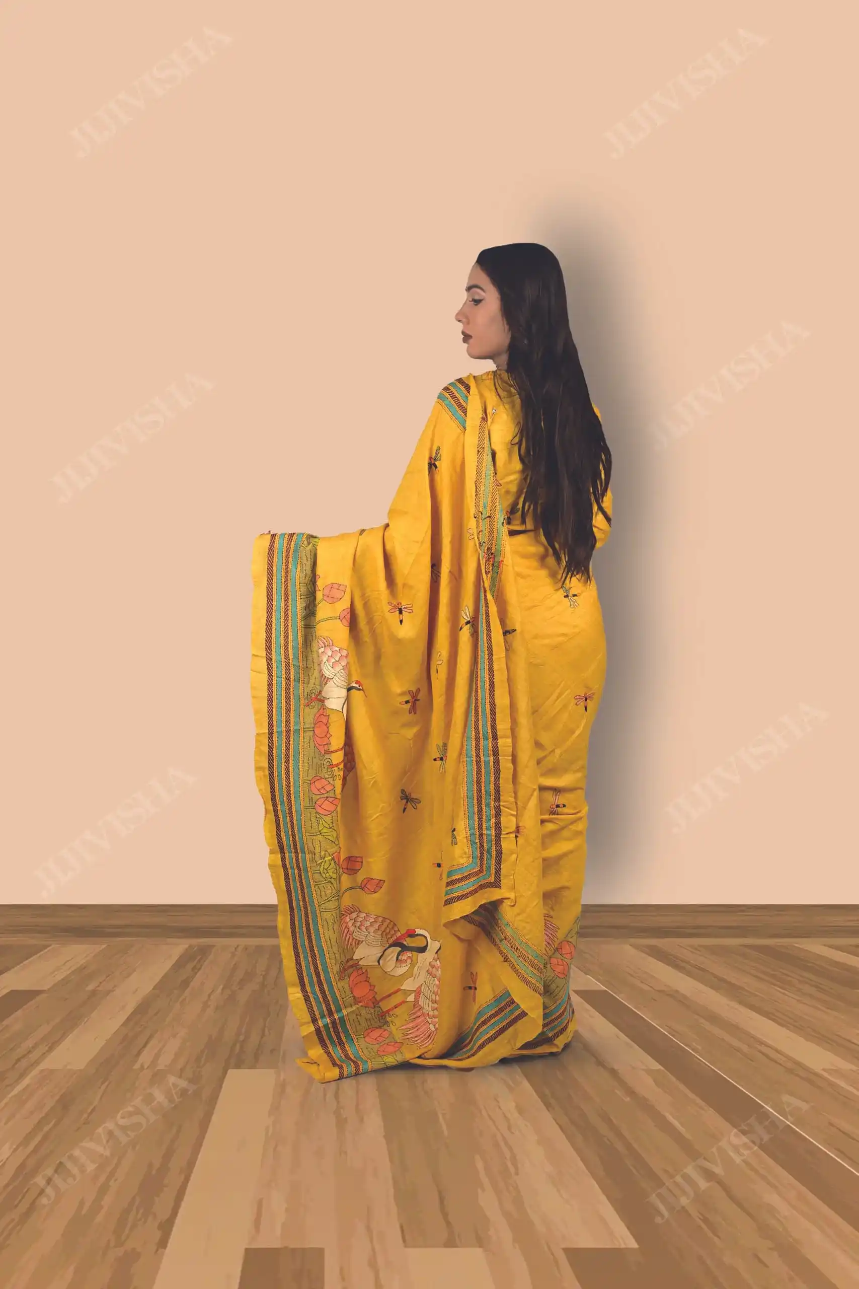 Buy Mustard Kantha Stitch Saree with Tussar Silk Online