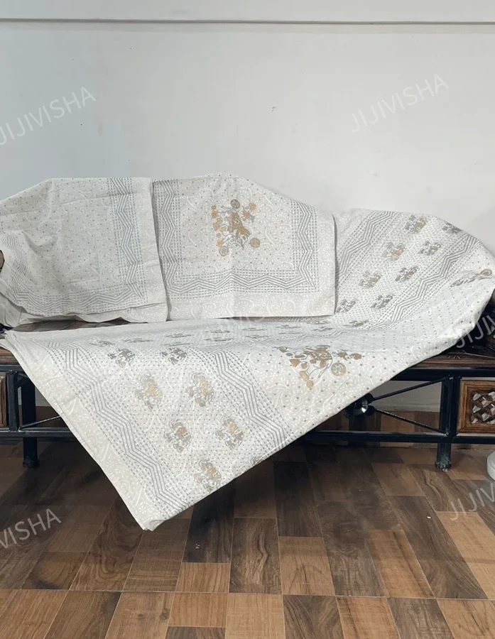 Buy Ivory Golden Block Printed Bedsheet with 2 Pillow Covers