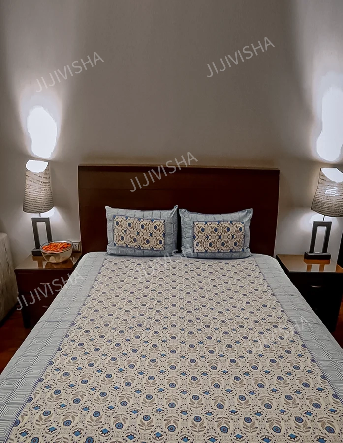 Buy Light Blue & Ivory Hand Block Printed Cotton Bedsheet Set