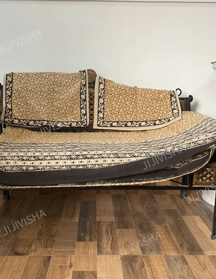 Buy Mustard & Black Hand Block Printed King Size Cotton Bed Sheet Set