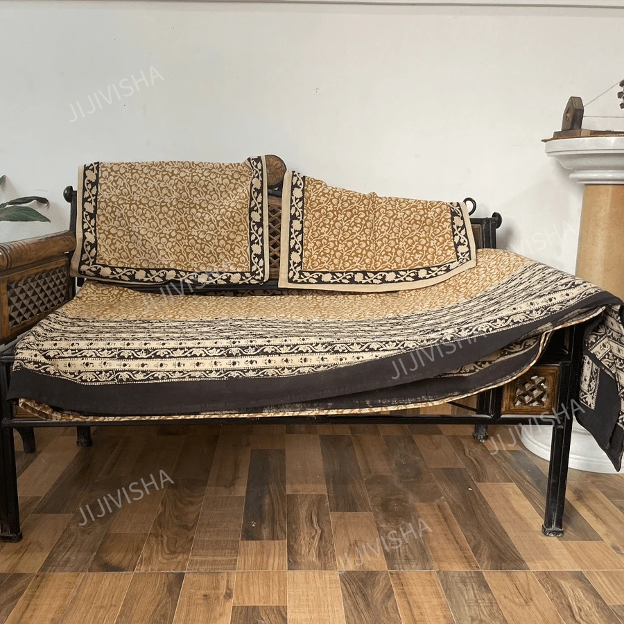 Buy Mustard & Black Hand Block Printed King Size Cotton Bed Sheet Set