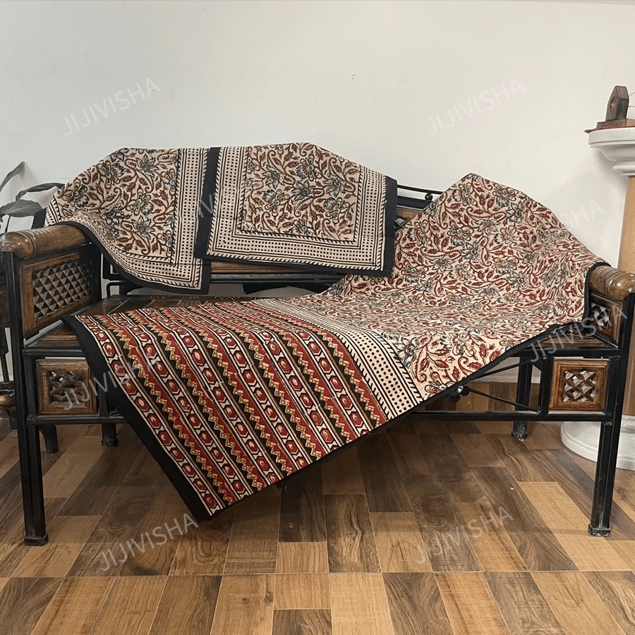 Buy Red Blue & Black Cotton Hand Block Printed King Size Cotton Bedsheet Set