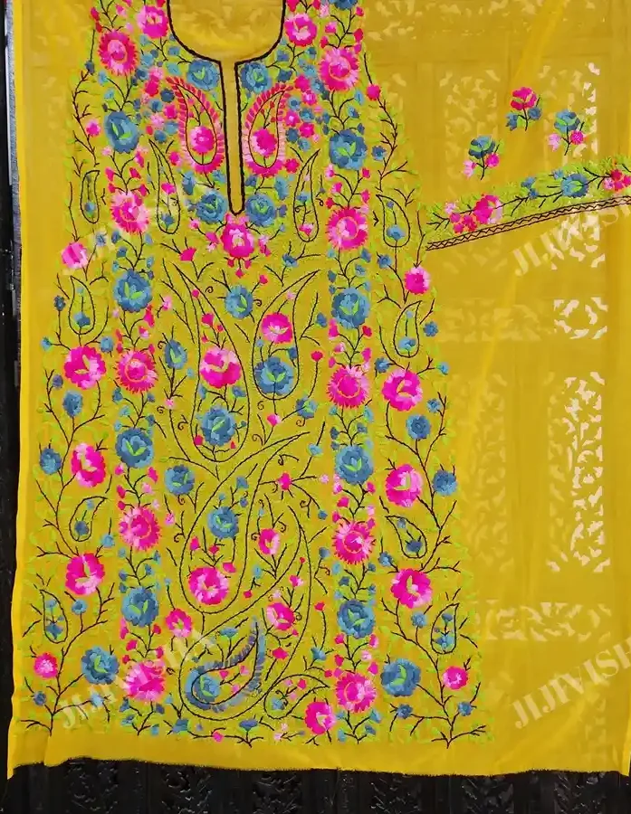 Mustard Georgette Multicolored Phulkari Work Kurta Material - Gallery Image