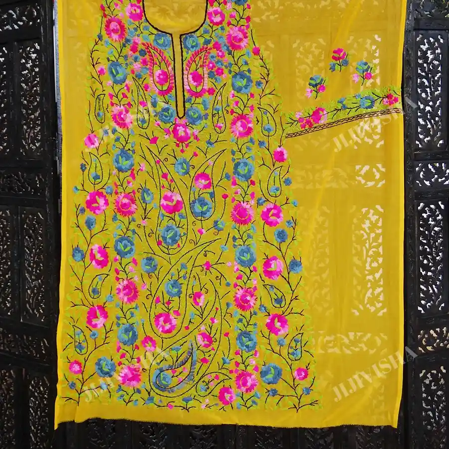 Buy Mustard Georgette Multicolored Phulkari Work Kurta Material Online