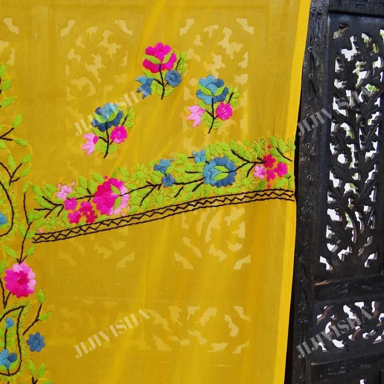 Buy Mustard Georgette Multicolored Phulkari Work Kurta Material Online