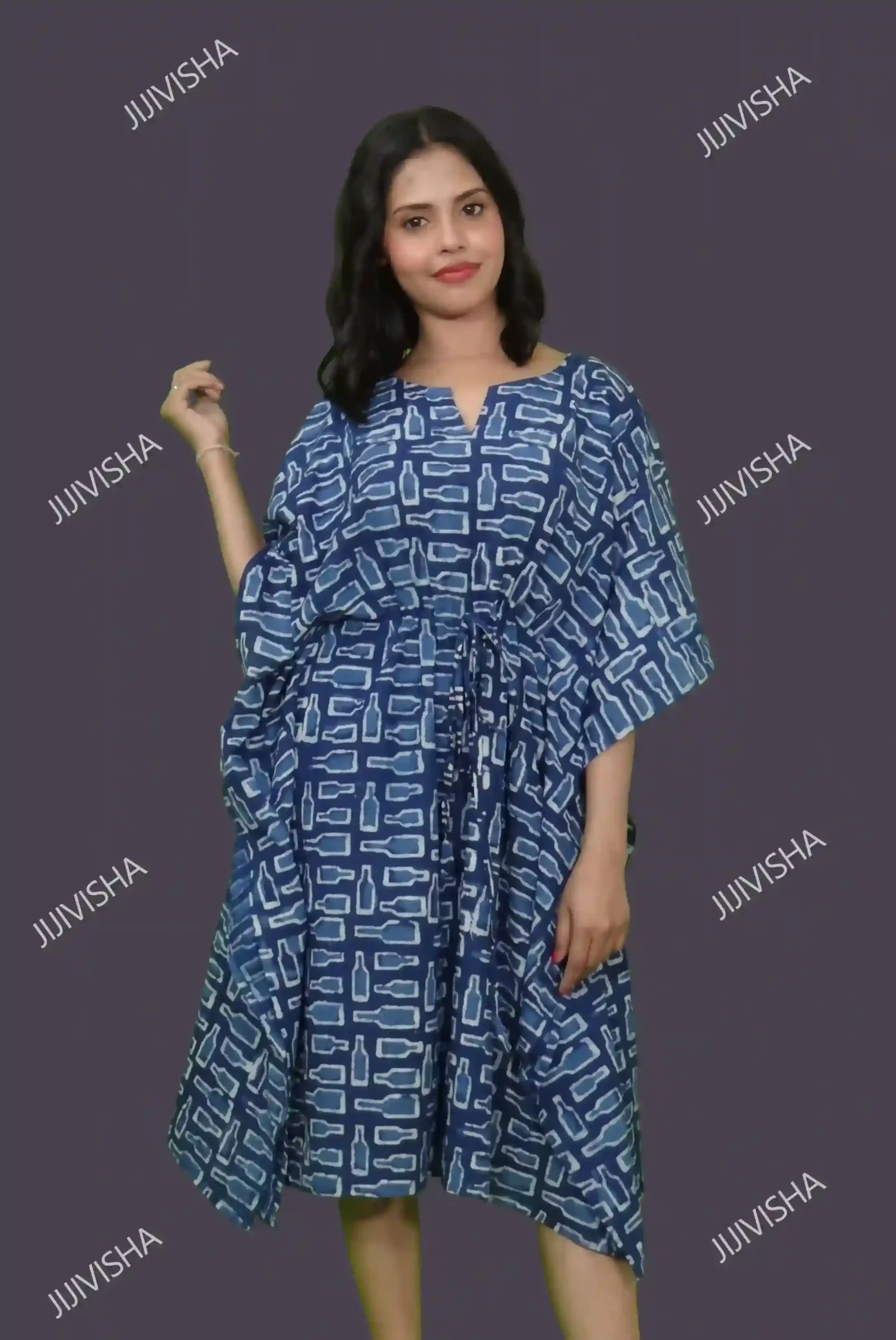 Buy Indigo Hand Block Printed Cotton Short Kaftan Online