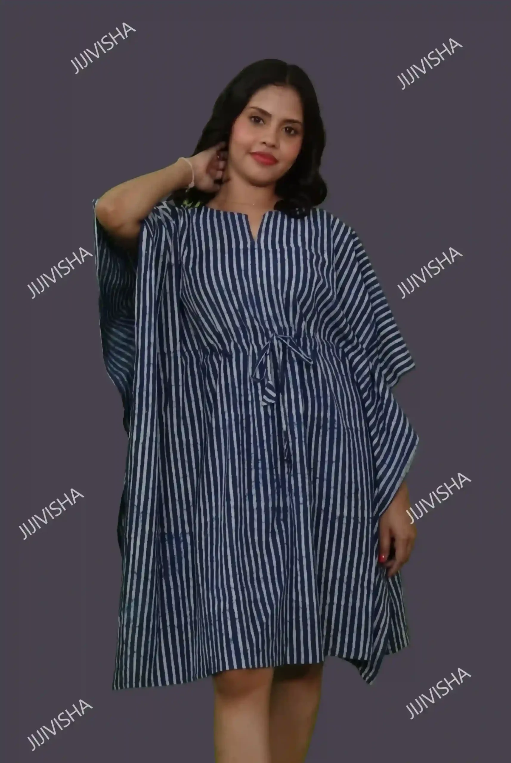 Buy Indigo Stripes Block Printed Cotton Short Kaftan Online