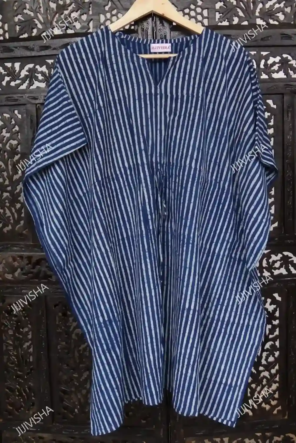 Buy Indigo Stripes Block Printed Cotton Short Kaftan Online