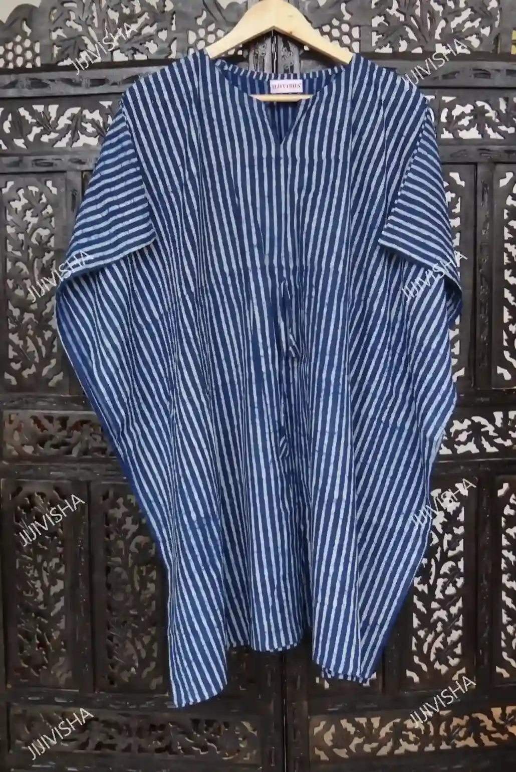 Buy Indigo Stripes Block Printed Cotton Short Kaftan Online