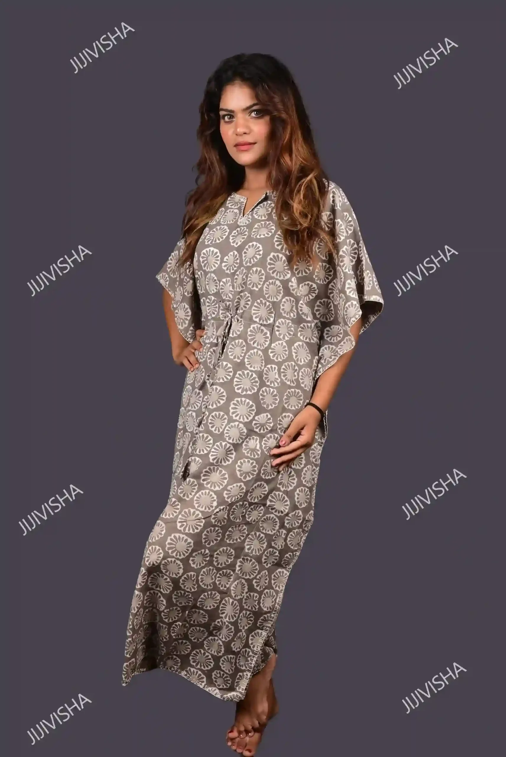 JVWAPKF004_2 Buy Khakhi & Ivory Floral Hand Block Printed Kaftan Online