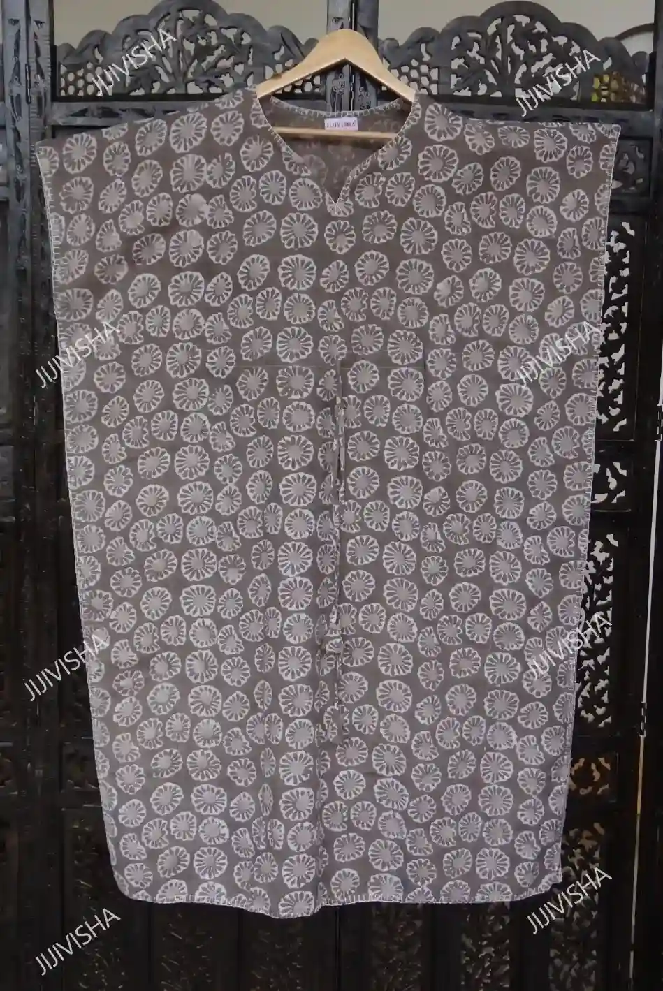 JVWAPKF004_3 Buy Khakhi & Ivory Floral Hand Block Printed Kaftan Online