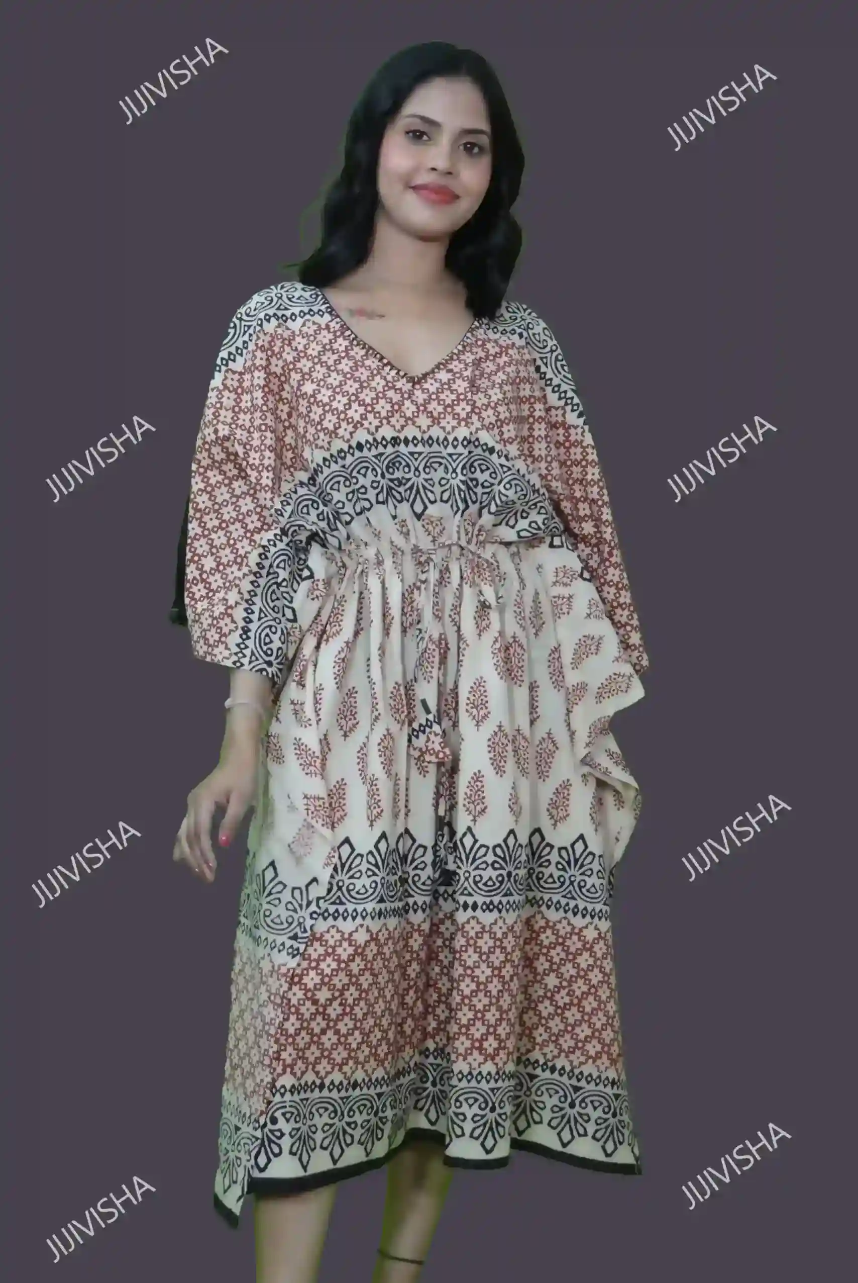 Buy Red Black and Beige Baatik Printed Kaftan Online