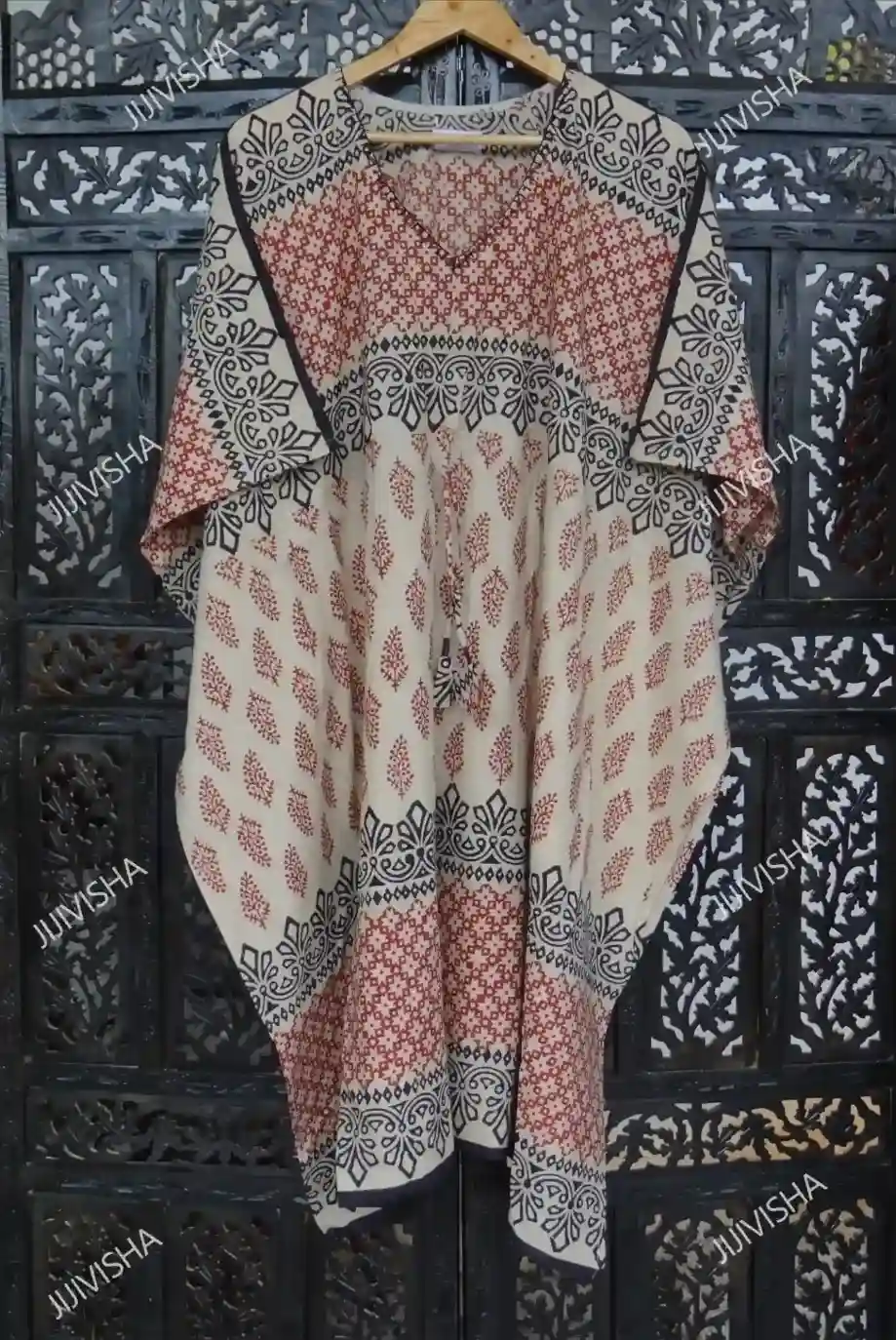 Buy Red Black and Beige Baatik Printed Kaftan Online