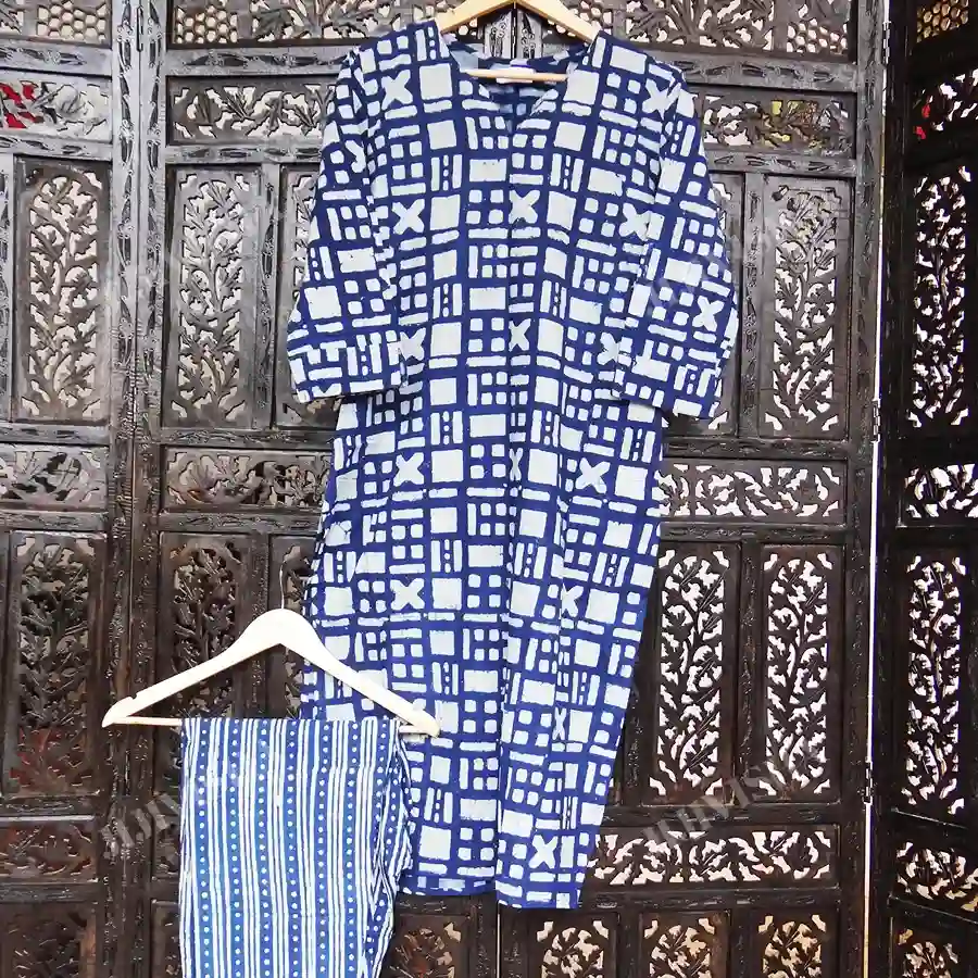 Buy Indigo Multiple Shapes Hand Block Print Kurta Set Online