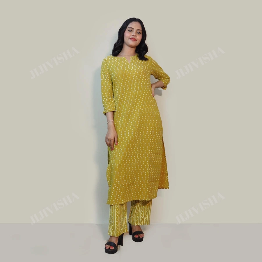 Buy Mustard & Beige Hand Block Print Kurta Set Online