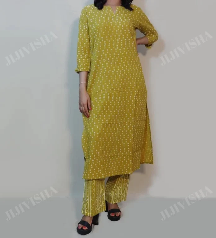 Buy Mustard & Beige Hand Block Print Kurta Set Online