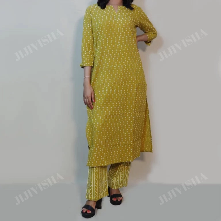 Buy Mustard & Beige Hand Block Print Kurta Set Online