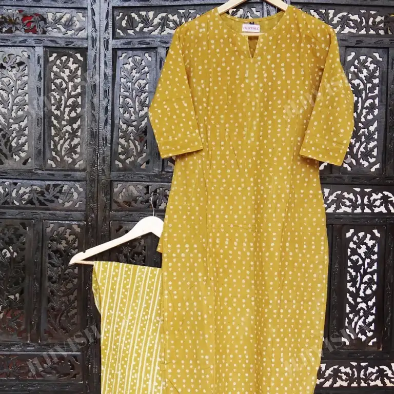Buy Mustard & Beige Hand Block Print Kurta Set Online