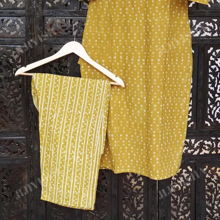 Buy Mustard & Beige Hand Block Print Kurta Set Online