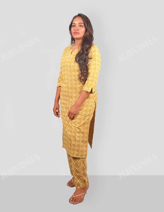 Mustard Beige Hand Block Printed Kurta Set Online