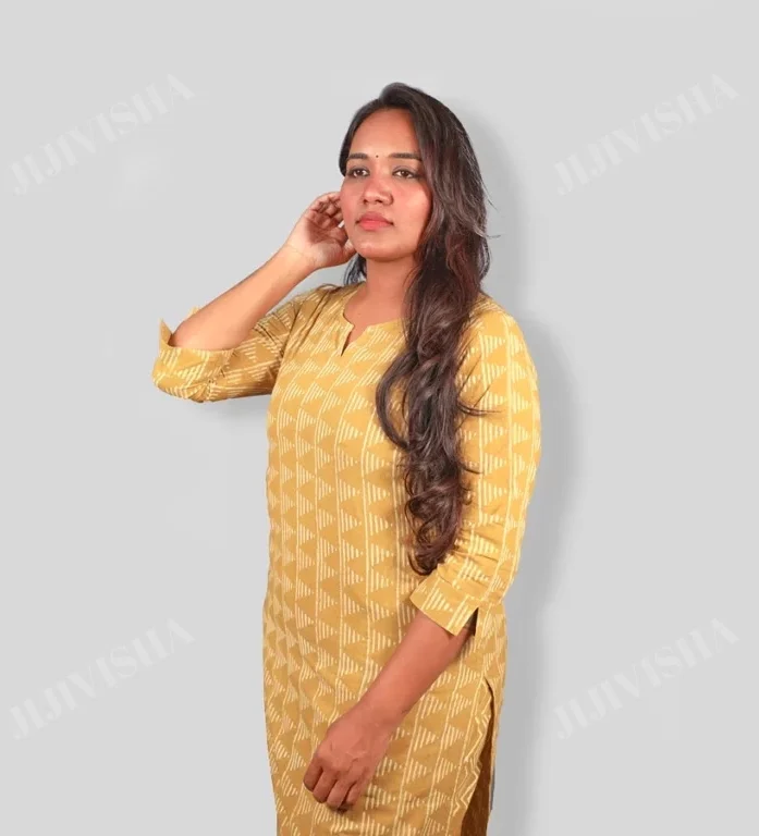 Sophisticated Triangles: Mustard Beige Hand Block Printed Kurta Set - Gallery Image