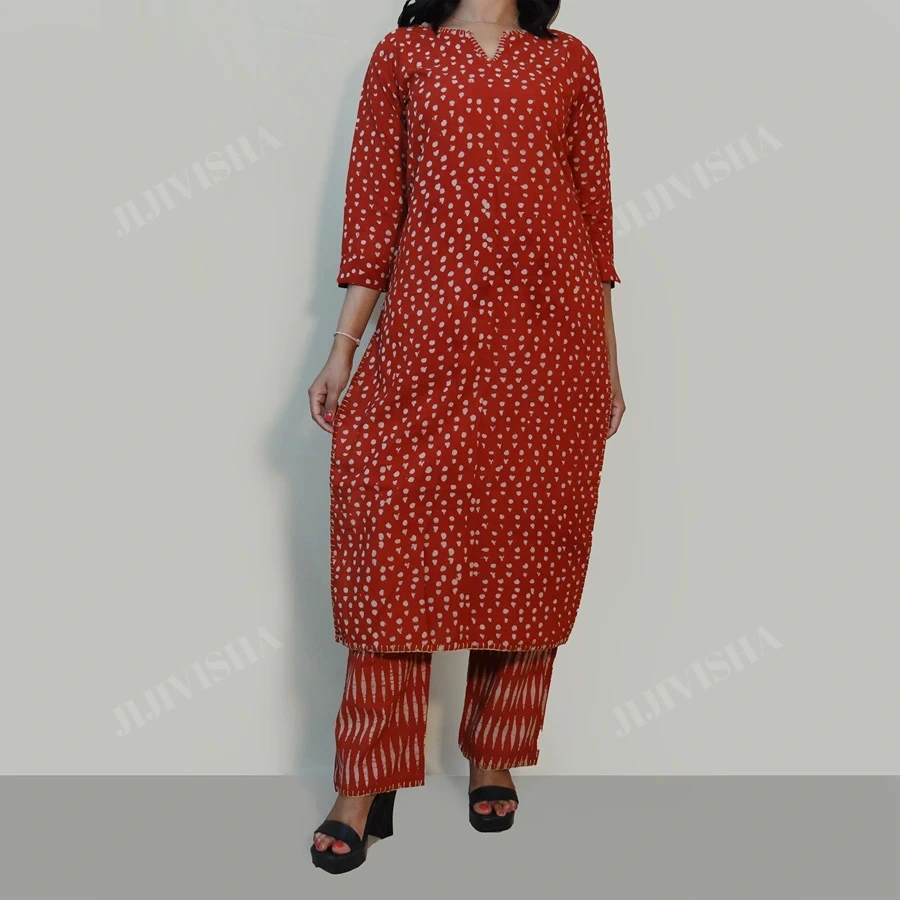 Buy Red & Beige Hand Block Printed Kurta Set Online