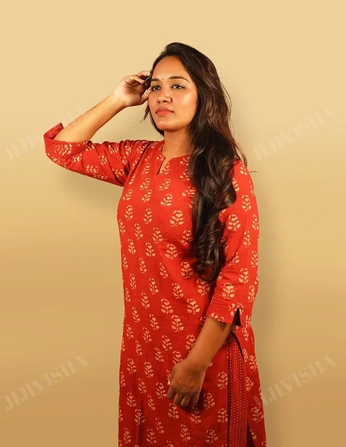 Refined Florals: Red and Beige Hand Block Printed Kurta Set - Gallery Image