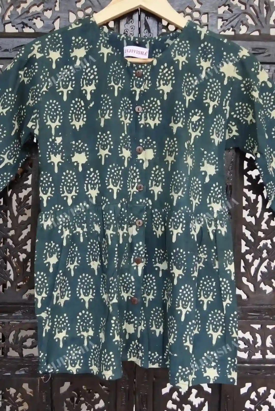 Buy Green & Beige Tree Hand Block Printed Short Kurti Online