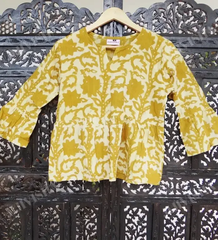 Buy Mustard & Beige Leaves Block Printed Short Kurti Online