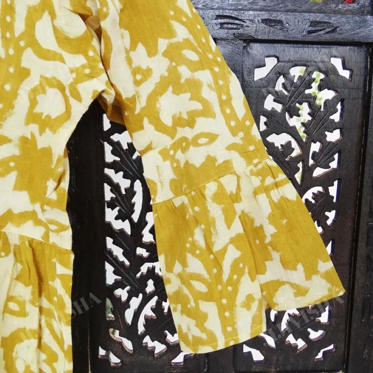 Buy Mustard & Beige Leaves Block Printed Short Kurti Online