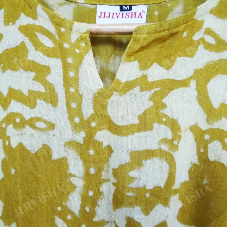 Buy Mustard & Beige Leaves Block Printed Short Kurti Online