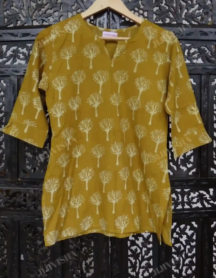 Buy Mustard and Beige Tree Block Print Short Kurti Online