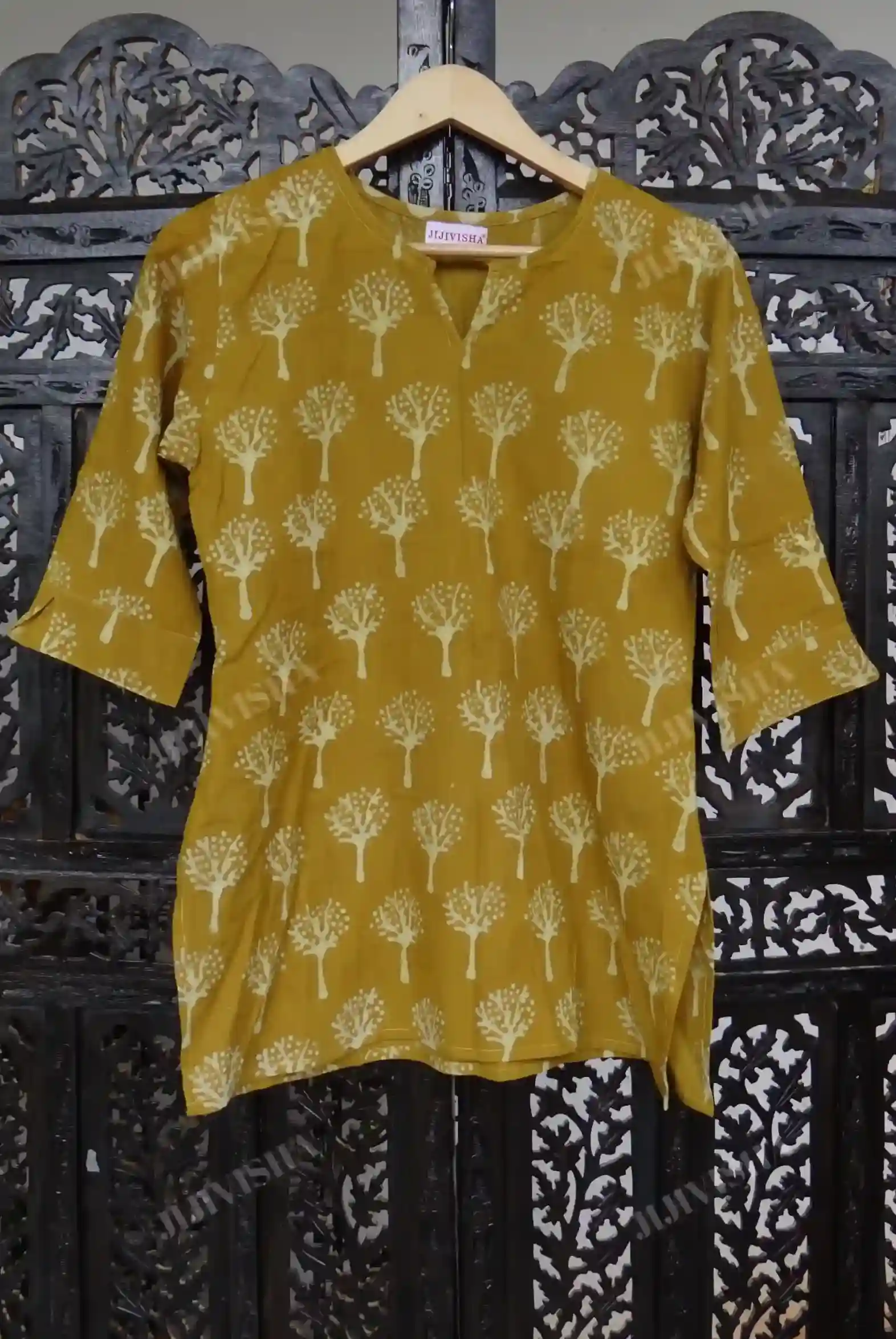 JVWAPSK003_1 Buy Mustard and Beige Tree Block Print Short Kurti Online