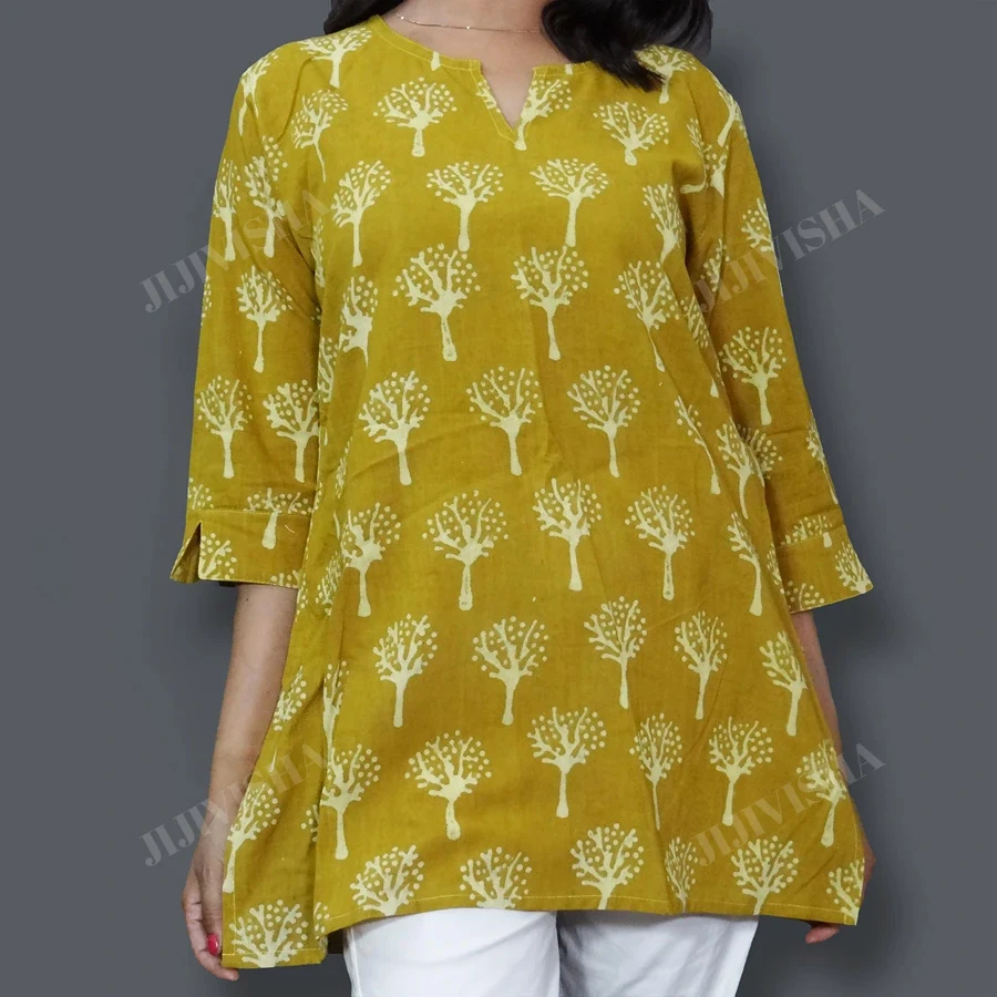 JVWAPSK003_2 Buy Mustard and Beige Tree Block Print Short Kurti Online