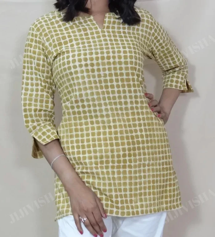 Buy Mustard & Beige Checkered Cotton Short Kurti Online
