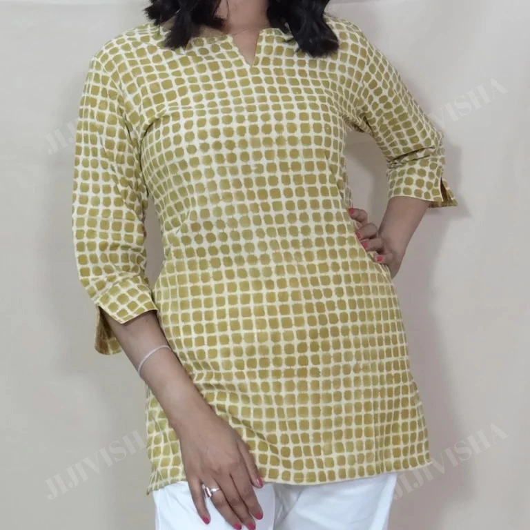 Buy Mustard & Beige Checkered Cotton Short Kurti Online