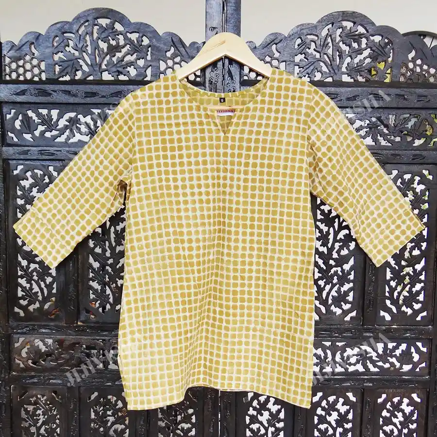 Buy Mustard & Beige Checkered Cotton Short Kurti Online