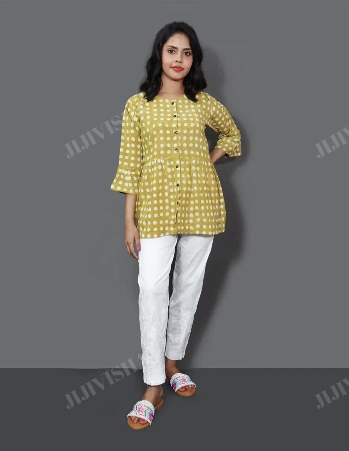 Buy Mustard Polka Dots Cotton Short Kurti Online