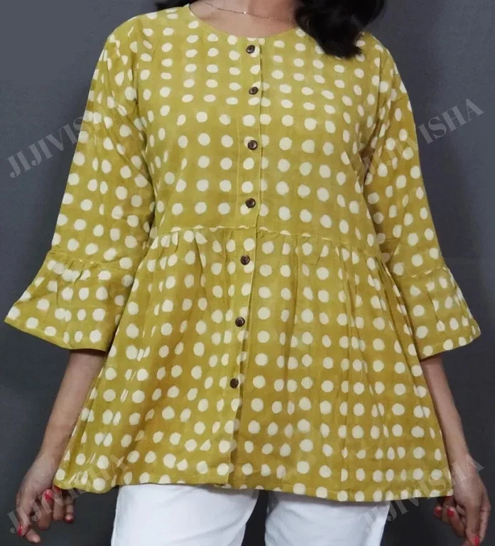 Buy Mustard Polka Dots Cotton Short Kurti Online