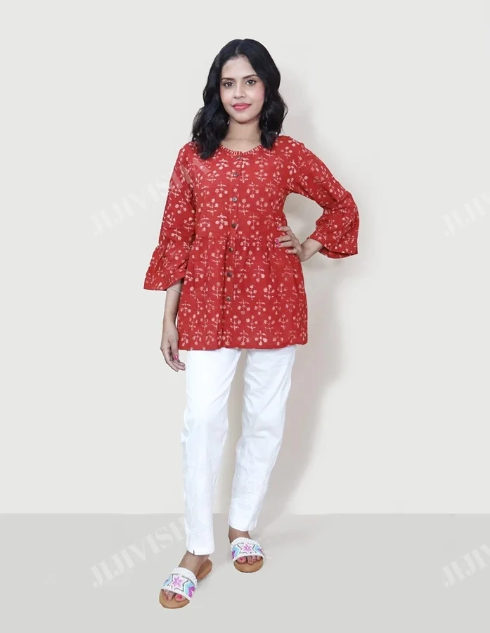 Buy Red and Beige Floral Hand Block Printed Short Kurti Online