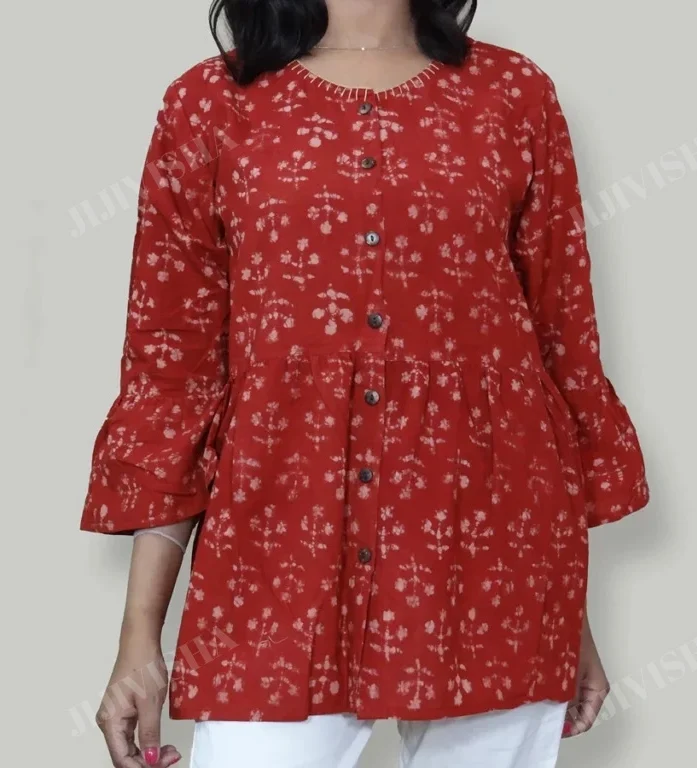 Buy Red and Beige Floral Hand Block Printed Short Kurti Online