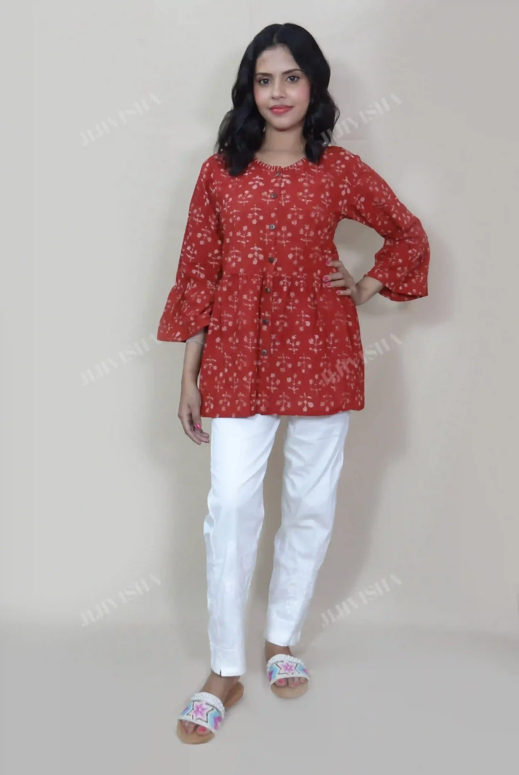 Buy Red and Beige Floral Hand Block Printed Short Kurti Online
