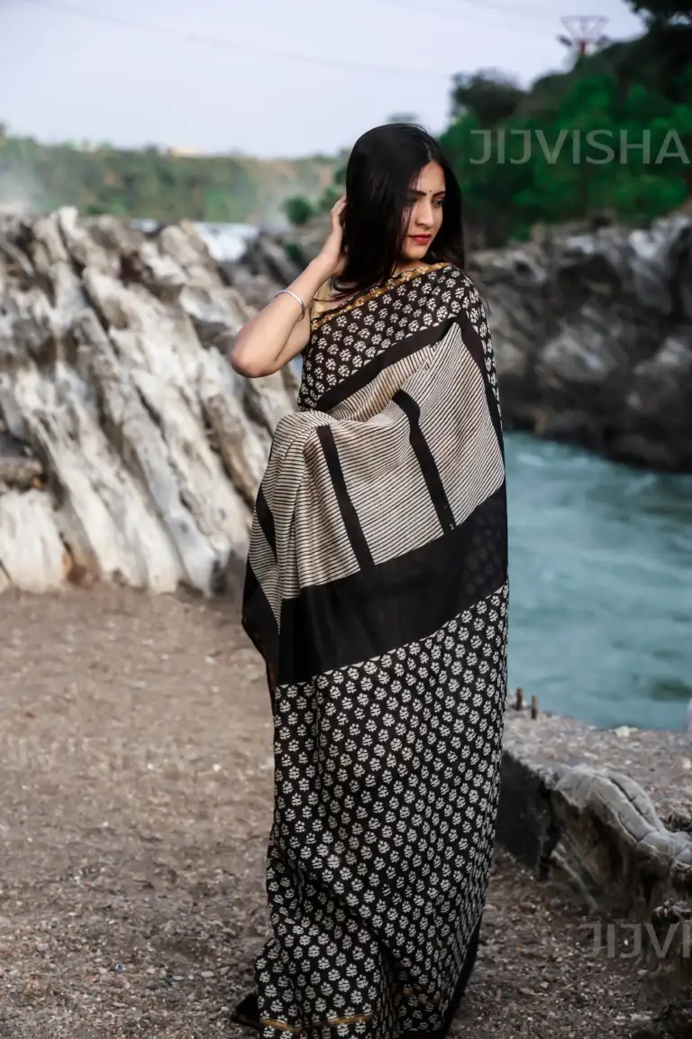 Buy Black & Beige Block Printed Chanderi Cotton Silk Saree Online