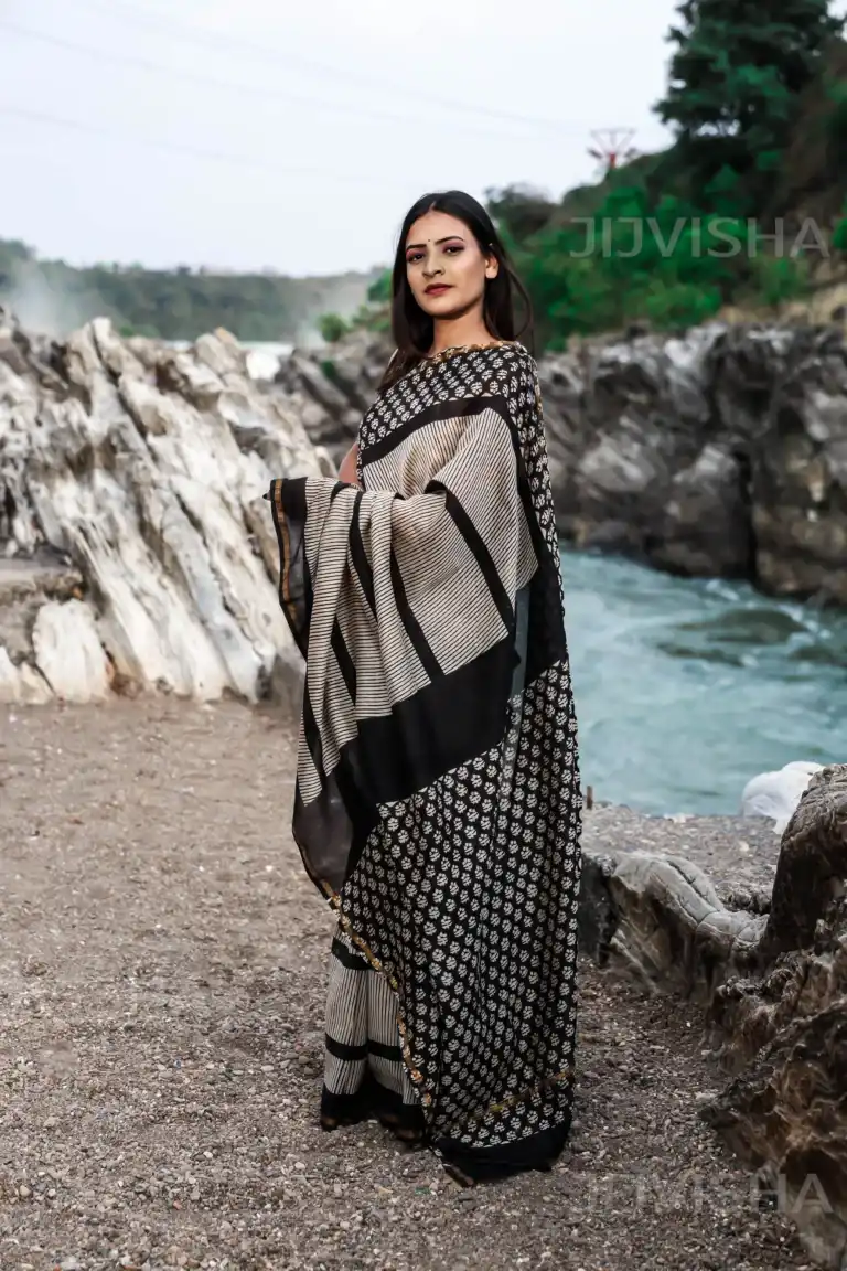 Buy Black & Beige Block Printed Chanderi Cotton Silk Saree Online