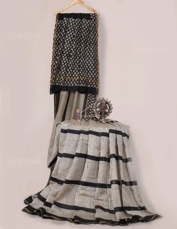 Buy Black & Beige Block Printed Chanderi Cotton Silk Saree Online