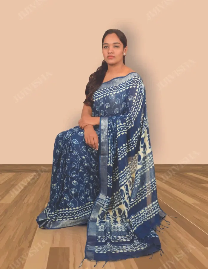Buy Floral Block Printed Linen Saree Online